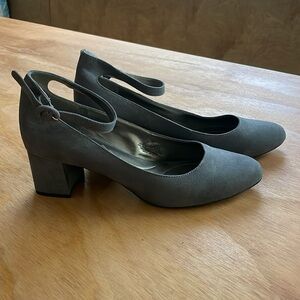 Bandolino Grey Almond Toe Block Heel Ankle Strap Pumps (Sz 9)